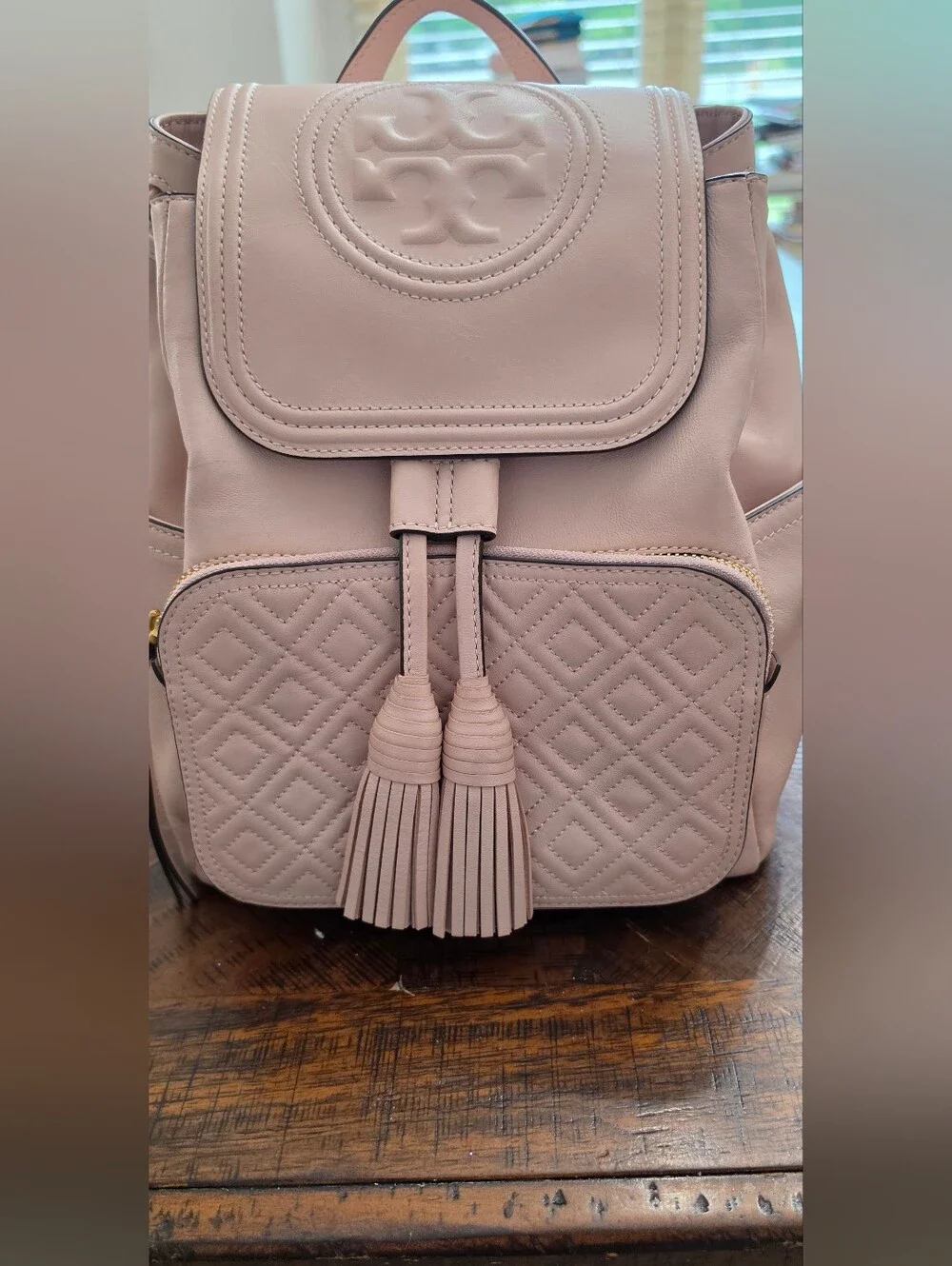 Tory Burch Light Blush Quilted Tassel Leather Backpack